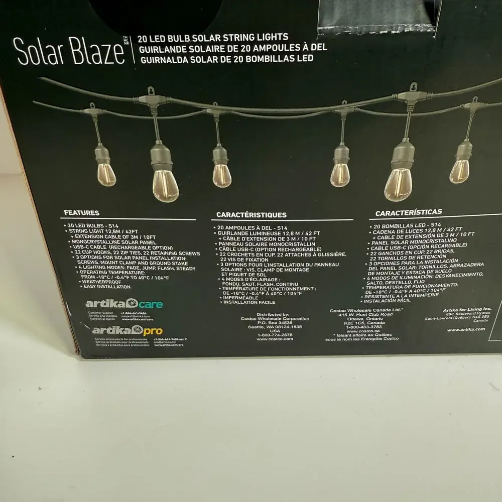 Artika Blaze 20 LED Bulb Outdoor Solar String Lights Matte Black, New open box